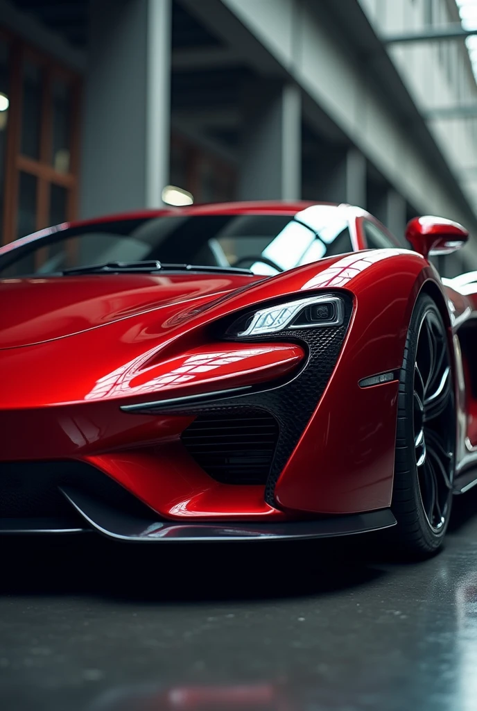 a detailed photograph of a luxury sports car, sleek modern design, shiny metallic red body, glossy paint, low angle perspective, dramatic lighting, blurred background, professional photography, high resolution, photorealistic, 8k, HDR, cinematic, cinematic lighting, dynamic composition, angled view, impressive details, powerful engine, expensive, high-end, exclusive, elegant, sophisticated, luxurious, premium quality, studio lighting, sharp focus, physically-based rendering, vibrant colors, reflective surfaces, gleaming chrome accents, powerful presence, captivating