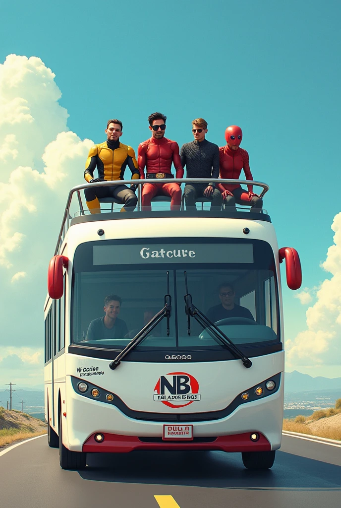 A double-decker tour bus with 4 male friends on top, the bus is labeled 'going to Caldas Novas' and has a logo that says 'NB EXCURSÕES'. The bus is white and the four friends are dressed as if they were in the X-Men universe.