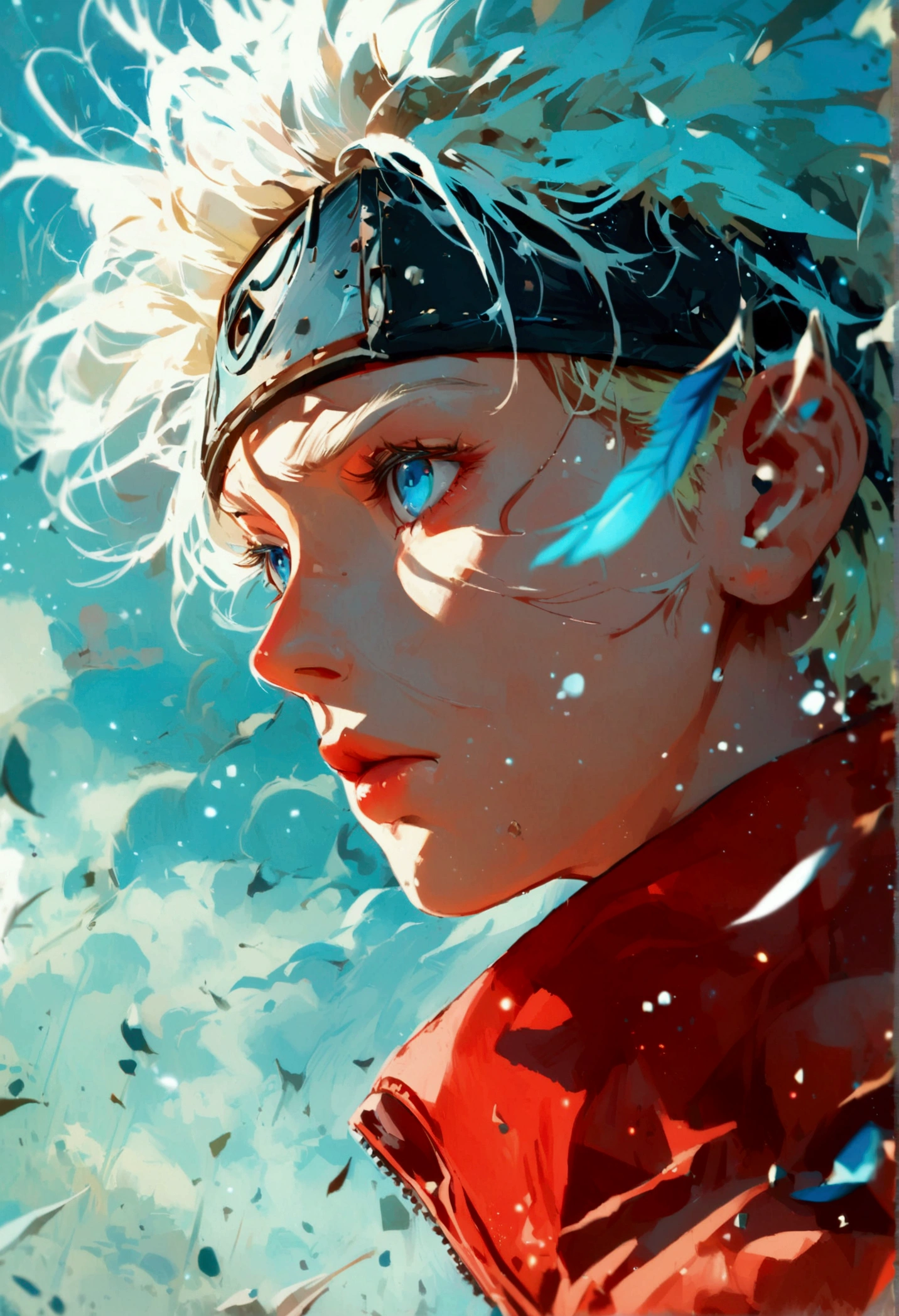 White anime illustration of blue eyes of boruto,closeup,blonde banges,detailed,windy,boruto uzumaki,nostalgic