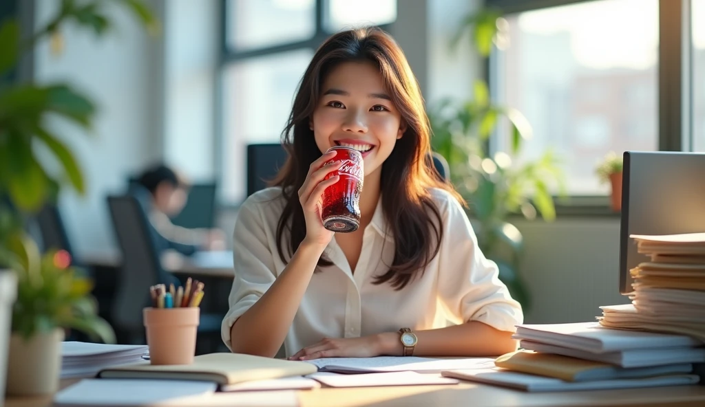 A happy Korean woman, excitedly drinks Coca-Cola at an office, desk, in the workplace, sitting at a desk with a computer and many documents on it, in daylight, cool light,
