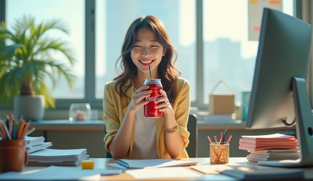 A happy Korean woman, excitedly drinks Coca-Cola at an office, desk, in the workplace, sitting at a desk with a computer and many documents on it, in daylight, cool light,