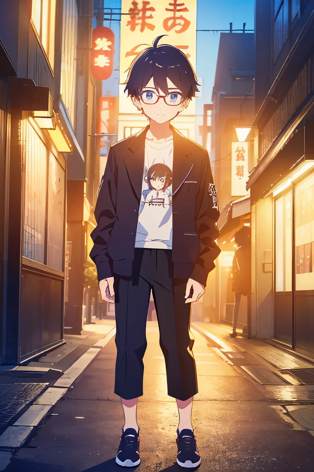 ((Best Quality)), ((masterpiece)), (detailed), 1 chico, black hair, big glasses, defined nose, messy hair, blue eyes, beautiful eyes, black pants, black jacket, leather jacket, white tennis, tennis shoes, black t-shirt, delgado, black shoes, Tokyo streets at night, violet hair, White skin, shy, 10 years, Whole body, NSFW, blushing boy, blushing, short boy, head on, ((vista head on)) small boy. Very small boy, streets of tokyo at night. Short boy, standing, standing. discreet smile, streetlights on ,yellow lights, Japanese stores, boy. Tokyo night.