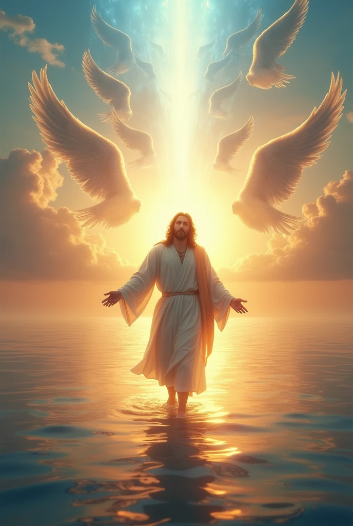 Jesus walking on the water at sunset ( visible sun) 8,000 angels playing trumpets descending from the clouds (angels radiating blue light)