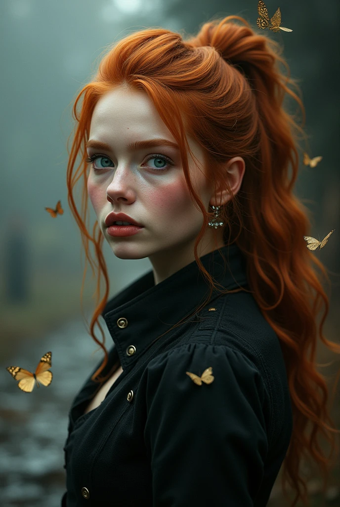 (solo, full body photo:1.3), (action packed:1.3), (haze, fog, mist:1.3), chiaroscuro, best quality, photorealistic, 1woman, (cute), (24yo:1.2), redhead, long ginger hair highly detailed, 1700'S, digital photography, art by artgerm and ruan jia and greg rutkowski surreal painting gold butterfly filigree, broken glass, (masterpiece, sidelighting, finely detailed Fashionable eyes: 1.2) (perfect oval large eyes that gazes at the viewer), beautiful detailed face, blue gorgeous perfect eyes, (blonde hair ponytail), (attractive young woman:1.3), (thick amazing hair), (seductive:1.1), (blushing:1.1)
