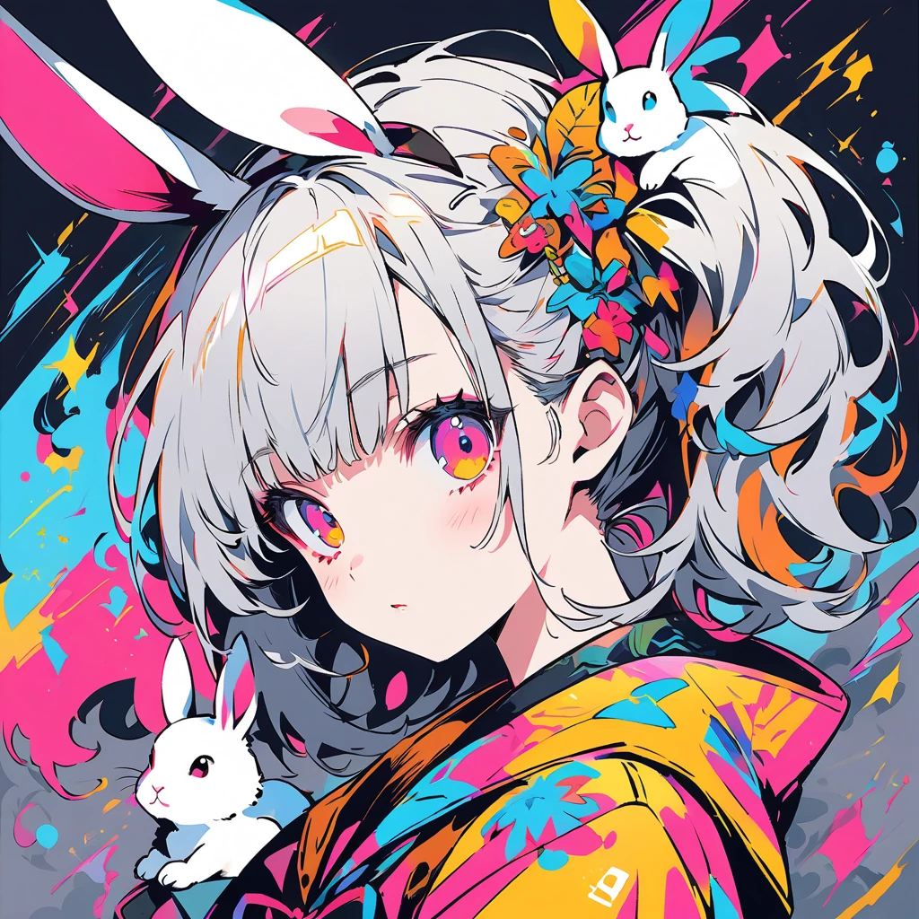 Create digital artworks in the pop art style、It features an intricately detailed bunny boy.、Street fashion、Color scheme of the movie、Surrounded by vintage rabbit motifs、Vivid brushwork、Emotions must be dynamic、Upper Body、drawing、shape、grayscale、tropical、A rabbit、