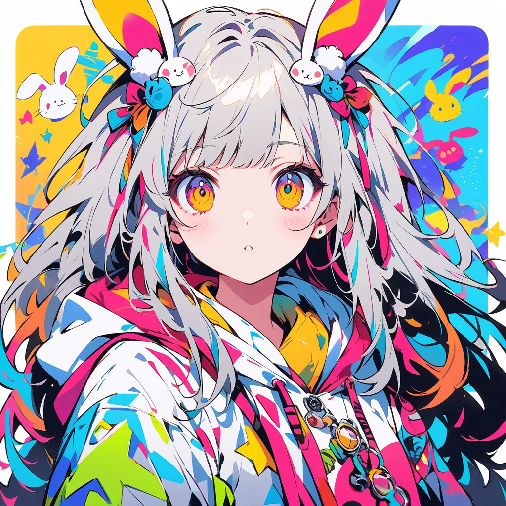 Create digital artworks in the pop art style、It features an intricately detailed bunny boy.、Street fashion、Color scheme of the movie、Surrounded by vintage rabbit motifs、Vivid brushwork、Emotions must be dynamic、Upper Body、drawing、shape、grayscale、tropical、A rabbit、