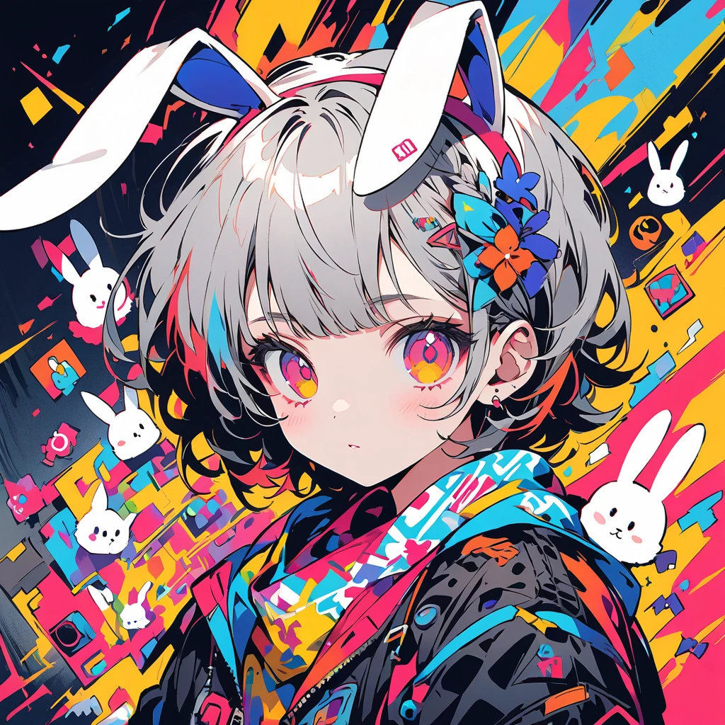 Create digital artworks in the pop art style、It features an intricately detailed bunny boy.、Street fashion、Color scheme of the movie、Surrounded by vintage rabbit motifs、Vivid brushwork、Emotions must be dynamic、Upper Body、drawing、shape、grayscale、tropical、A rabbit、