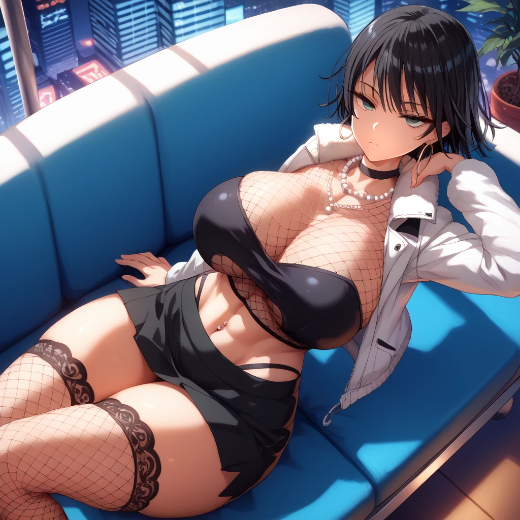 (SAFE FOR WORK), 1 female, Yusuke Murata style, Fubuki from One Punch Man, anime-style face, sexy face, high angle, aerial view, laying down, longer face, short black hair, fully lidded eyes, green eyes, puckered lips, no lipstick, slim/toned body, extremely slim waist, arched back, massive breasts, separated breasts, white Jacket, large black crop top, thick black fishnet crop top, black fishnet covered boobs, pitch black stockings, navel piercing, large hoop earrings, black skirt, pearl necklace, sitting on lounge chair, night, detailed city background, futuristic city, penthouse, lots of skyscrapers, Tokyo, Japanese symbols neon lights, starts, thick thighs, more details, both hands covering boobs, tiny hearts floating above head