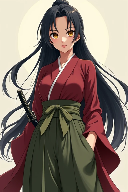 Anime Japanese woman wearing a kimono, Yellow-eyed, Black Hair, Maroon dress, olive green hakama. She has a large chest but you can't see it., Her long hair is parted in the middle and tied back., And smiling. She wears a Japanese sword on her left hip..