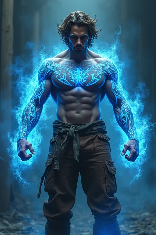 Make a muscular man with messy brown hair, with brown hunter-style pants and brown boots, his body is full of blue demonic symbols, this one has the power to control blue energy