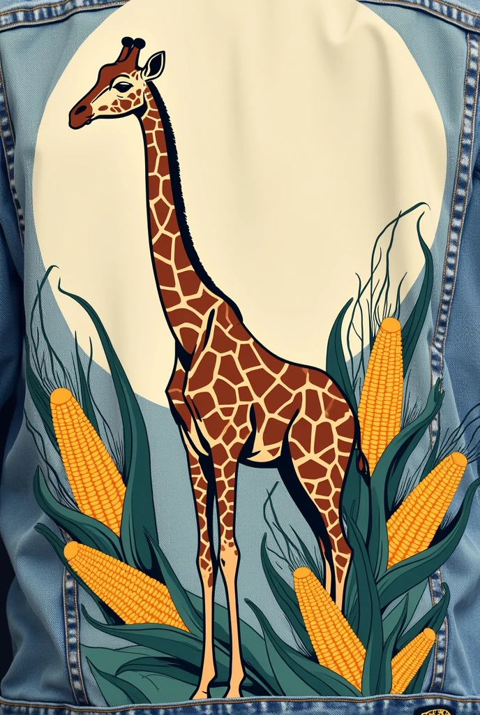 Giraffe with a background of large corn kernels , for drawing on a denim jacket , in a minimalist way