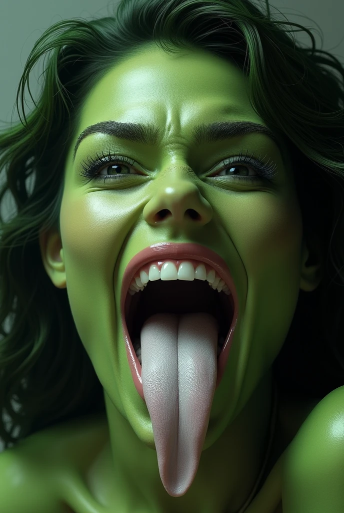 ((best quality)), ((masterpiece)) She-Hulk opens her mouth wide showing you her uvula and super thick slimy and very meaty white Tongue with a sensual expression on her face (photorealistic human tongue) licking a popsicle ice cream