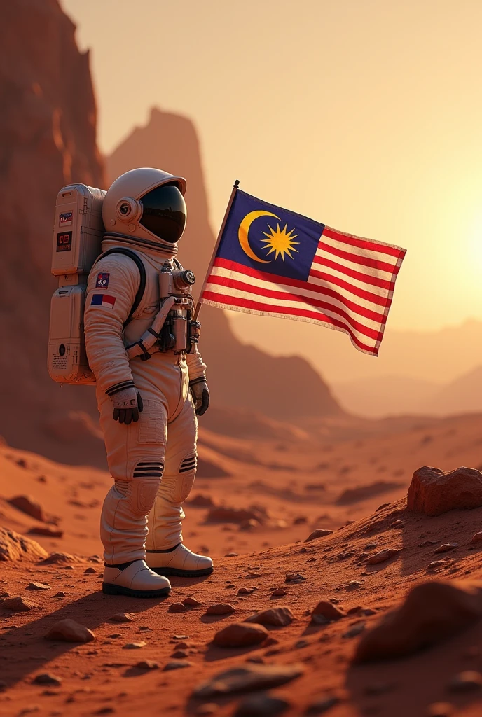 a Malaysia flag on the mars ,Malaysia astronaut taking a selfie,detailed space suit,detailed Malaysia flag,detailed lunar landscape,dramatic lighting,cinematic angle,hyperrealistic,photorealistic,8k,unreal engine,stunning,vibrant colors,dramatic shadows,volumetric lighting,intricate details