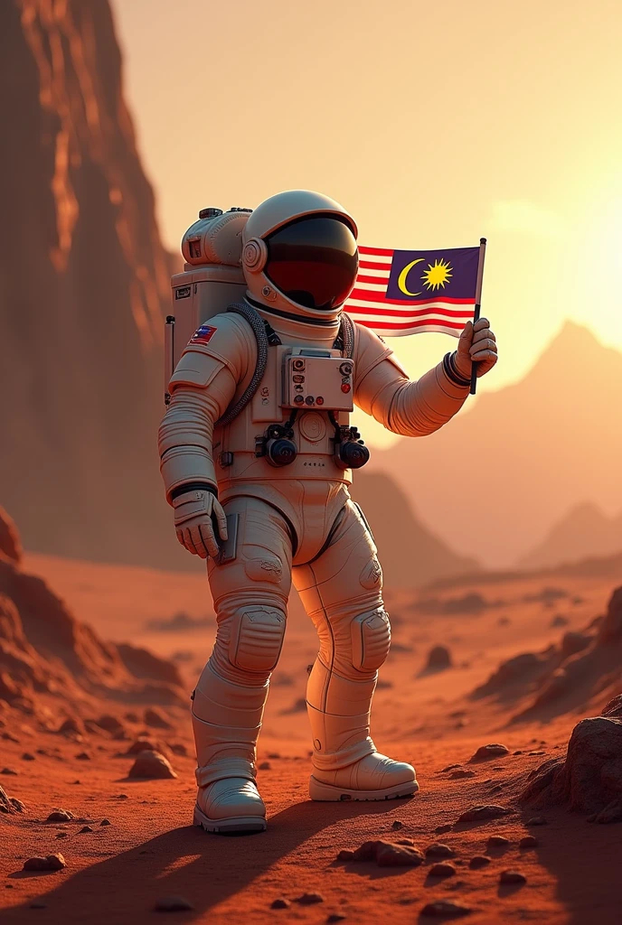 a Malaysia flag on the mars ,Malaysia astronaut taking a selfie,detailed space suit,detailed Malaysia flag,detailed lunar landscape,dramatic lighting,cinematic angle,hyperrealistic,photorealistic,8k,unreal engine,stunning,vibrant colors,dramatic shadows,volumetric lighting,intricate details