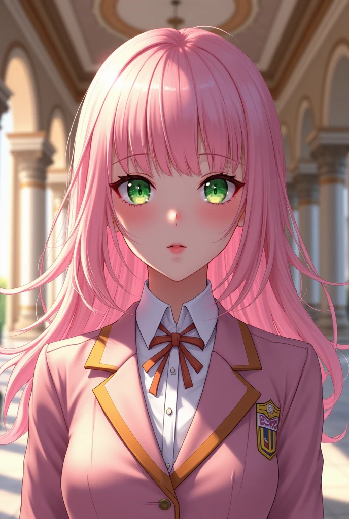 a girl with pastel pink hair, Green eyes with a little light pink shadow on the eyelids, with bangs, with the UA uniform, In the background is a hall of the UA