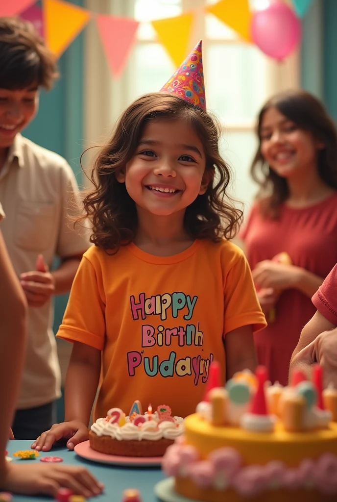 There is a girl's birthday party where she or her father is present. The girl is 9 or her father is 30 years old. They are wearing a T-shirt with their names written on it. The girl's name is (Aditi) or father's name is (Vinod.)