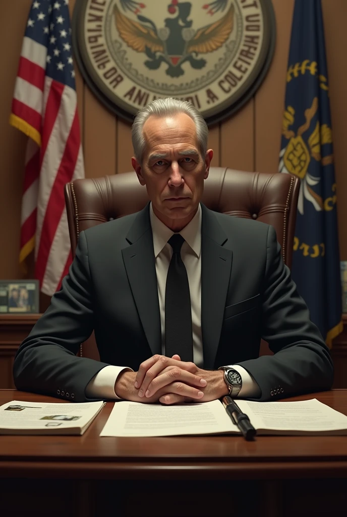 The image focuses on the figure of the Antichrist, who presents himself as an ordinary man, dressed in a suit and tie, sitting behind a desk in what appears to be a government office.
The man has a calm and trustworthy appearance, with facial features that don't reveal anything out of the ordinary. His posture and expression convey an image of authority and leadership, as if he were a high-ranking politician or official.
Behind the desk, a wall can be seen with flags and symbols that suggest a government or institution of power. These symbols may be apocalyptic in nature, with references to beasts, numbers or images that evoke biblical concepts related to the Antichrist.
on the desk, are documents, reports and technological devices, like computers or tablets, which imply that the man is immersed in government activities and decision-making.
The scene's lighting is warm and professional, with soft shadows that give depth and realism to the image. This contrasts with the feeling of darkness and danger emanating from the symbols and flags in the background.
Additional Details, like the presence of guards, advisors or staff around him, may reinforce the idea that this man exerts significant power and control over his government and the society that surrounds him.
The composition of the image seeks to create a tension between the Antichrist's ordinary appearance and the subtle clues that suggest his true nature and sinister purposes. This generates a sense of unease and anticipation in the viewer, who senses that behind that normal facade lurks a much deeper threat.