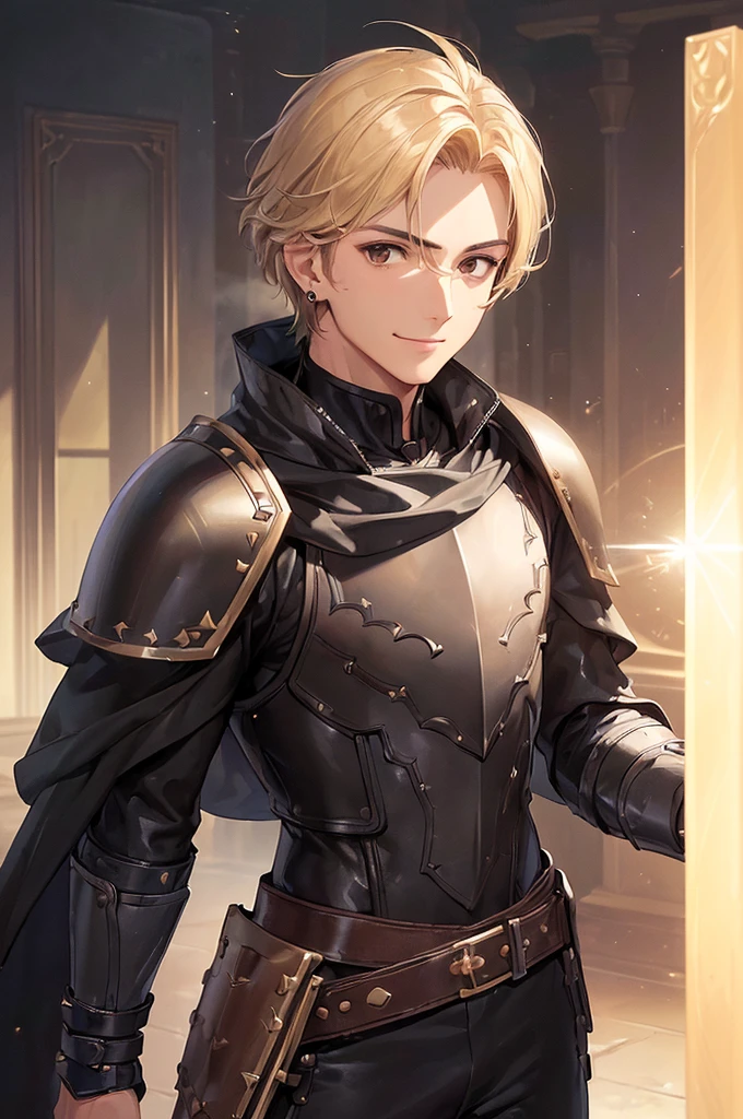 (((masterpiece; best quality: 1.2))), (detailed eyes: 1.3), ((1 young man)), ((solo)), (brown eyes: 1.4), (body shape; lean, masculine, manly face: 1.3), (short blond hair: 1.3), (clear background: 1.2), ((depth of field)), (equipment: masculine adventurer garb + hard-leather armor + black tunic + black cape +black stud earring: 1.3), (anime illustration: 1.2), (background composition; fantasy tavern interior + furniture: 1.1), (handsome: 1.1), (shot composition; standing + centered on face + bust close-up: 1.5), (facial expression; calm + smile: 1.2)