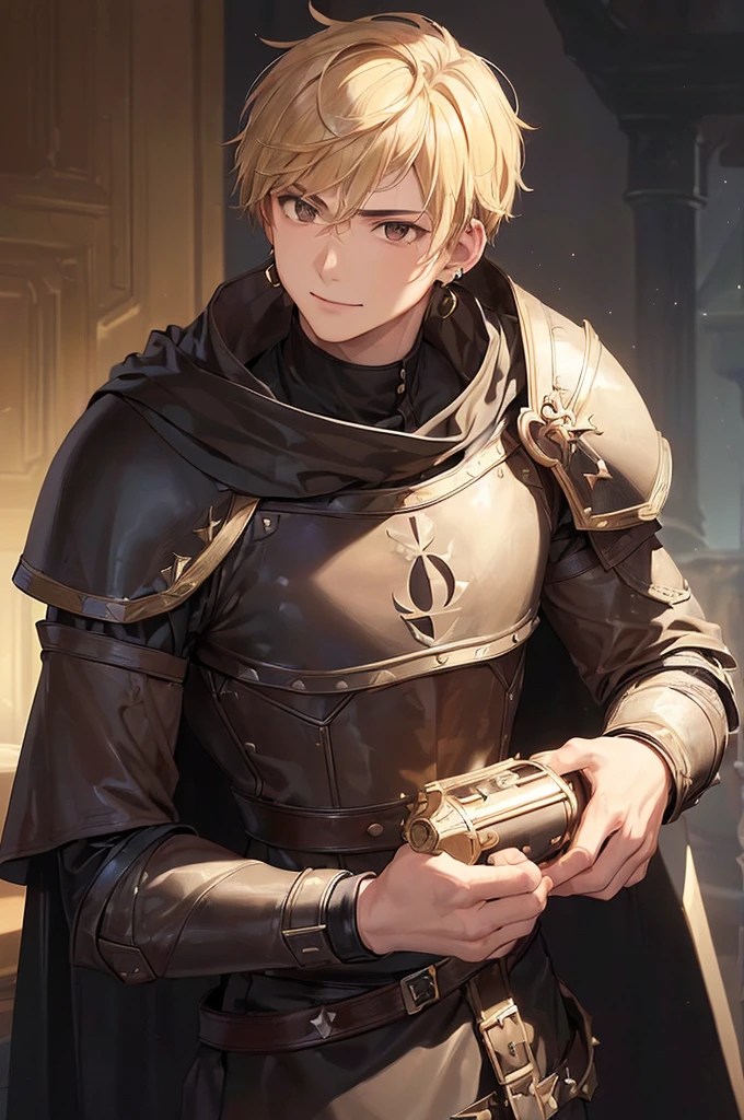 (((masterpiece; best quality: 1.2))), (detailed eyes: 1.3), ((ung man)), ((solo)), (brown eyes: 1.4), (body shape; lean, masculine, manly face: 1.3), (short blond hair: 1.3), (clear background: 1.2), ((depth of field)), (equipment: masculine adventurer garb + hard-leather armor + black tunic + black cape +black stud earring: 1.3), (anime illustration: 1.2), (background composition; fantasy tavern interior + furniture: 1.1), (handsome: 1.1), (shot composition; standing + centered on face + bust close-up: 1.5), (facial expression; calm + smile: 1.2)