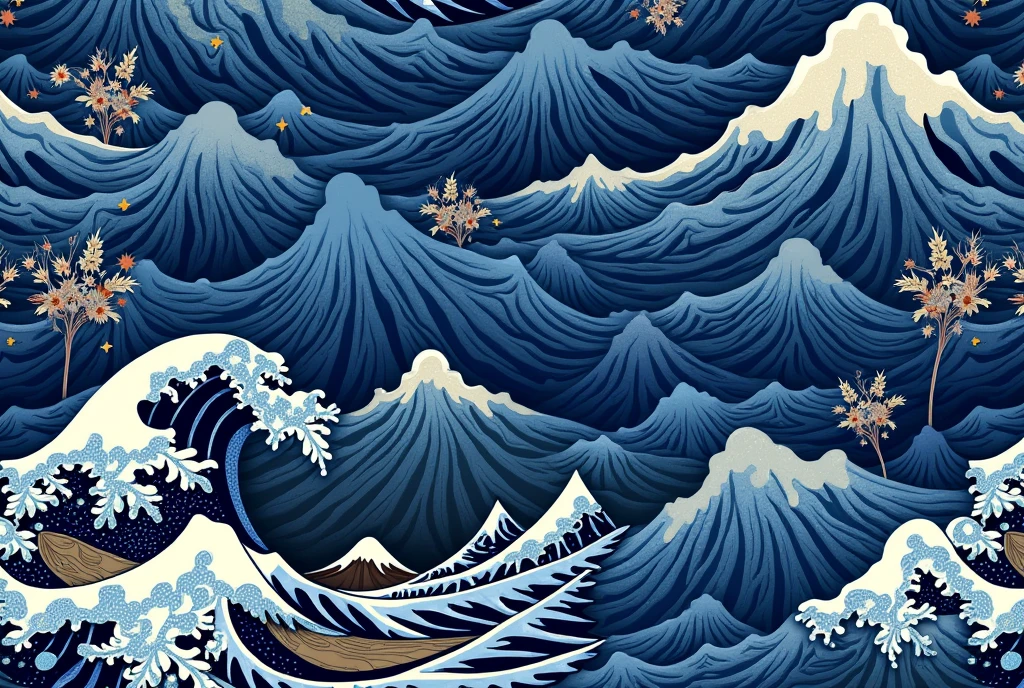 traditional japanese pattern detailed intricate hemp leaf scales flowers waves complex pattern visually appealing rich colors deep indigo ocean blue traditional japanese traditional japanese art culture challenging satisfying digital art Beautiful art Digital Painting Detailed Art 4K detailed digital art