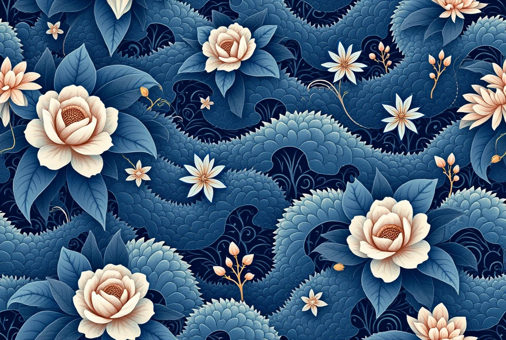 traditional japanese pattern detailed intricate hemp leaf scales flowers waves complex pattern visually appealing rich colors deep indigo ocean blue traditional japanese traditional japanese art culture challenging satisfying digital art Beautiful art Digital Painting Detailed Art 4K detailed digital art