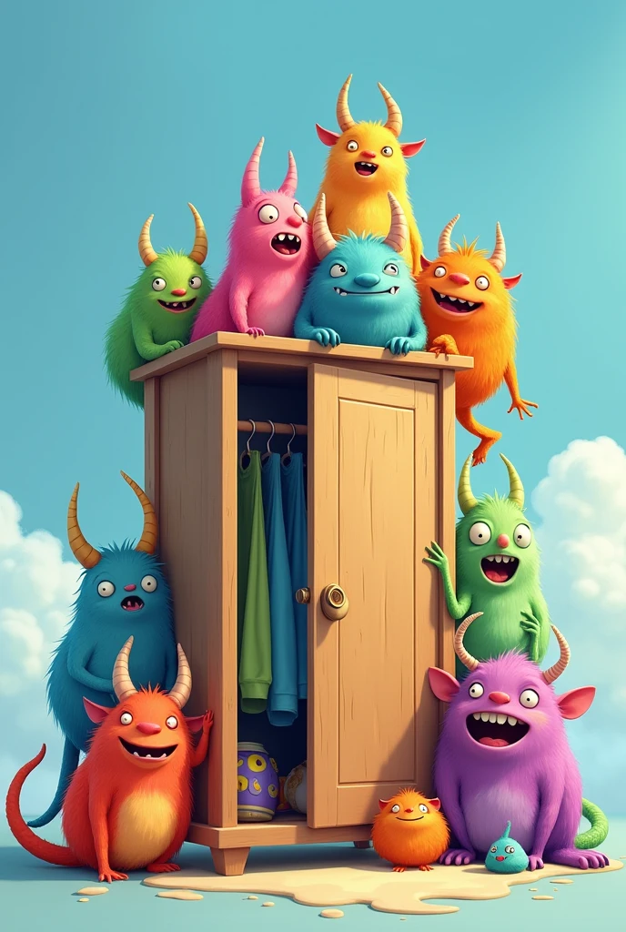 Help me by making a group of cute monsters around a closet, that the image has a sky blue background