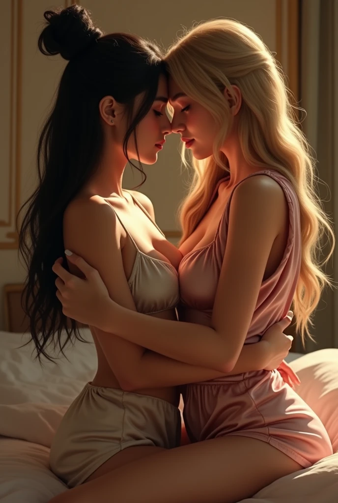 Full shot of two women laying flat on a bed.  ((Very close, cuddling.  One has her head between the others breasts)).  ((Naked, nude)).  Bare legs, bare feet. Tanned skin.  beautiful maidens. ((One woman blonde)).  (( Other woman brunette, dark brown wavy hair, bright blue eyes)).   ((Breasts, cleavage, navel)).   beautiful realistic image, hyperrealisic portrait, photorealistic fantasy art, Photorealistic painting, cute shot, narrow depth of field, 8k, nsfw.  View from above.