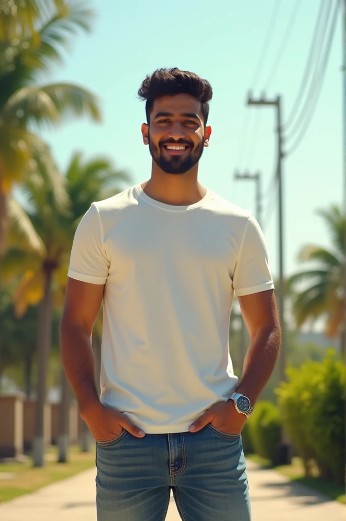 "A handsome 25 years old Indian boy standing confidently on the ground during a bright, sunny day. He has a friendly smile and is wearing casual clothes, such as a t-shirt and jeans. The background shows a clear sky and a few trees, adding to the peaceful daytime setting. Image ratio 9:16