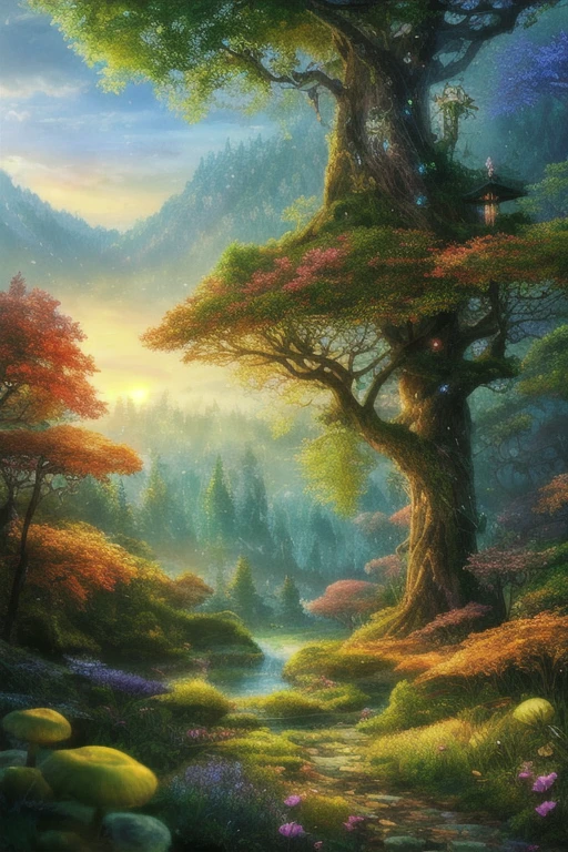 Masterpiece, best quality, High quality,very detailed CG unity 8k wallpaper, The mesmerizing and dreamy scenery of a fantasy forest, With towering trees, Glow mushrooms, And hidden fairy valleys, Creating mystery and enchantment, art station, digital illustration, complicated, It&#39;s coming on strong., pastel colors, Oil Painting, Won the photography award, Bokeh, depth of field, HDR, Bloom, Chromatic aberration ,realistic,very detailed, It&#39;s coming on strong. on art station, It&#39;s coming on strong. on CGsociety, complicated, Highly detailed, Amazing, Art by mid-journey