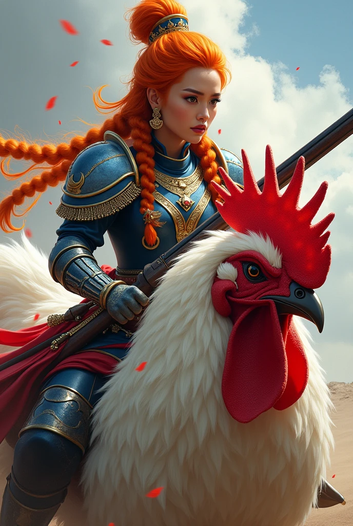 A Thai female warrior with orange braided hair, wearing blue, red and silver armor, holding a musket and riding a large white, red and gold two-legged chicken.