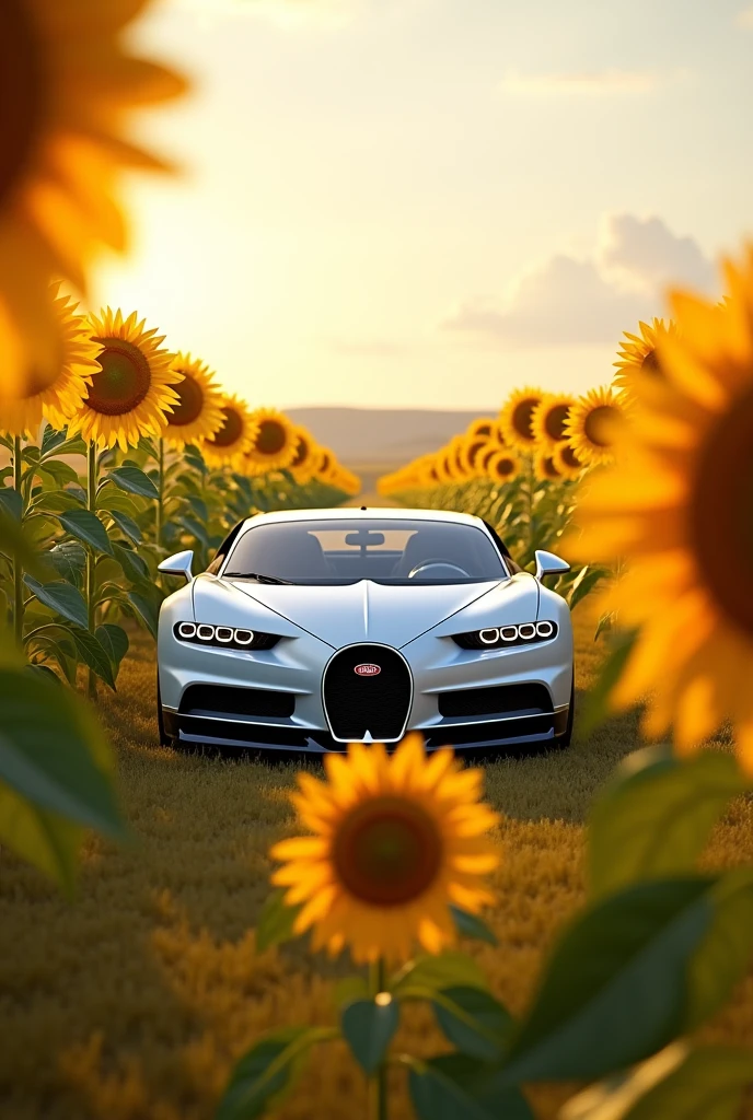 Butiful viwe white Bugatti and sunflower