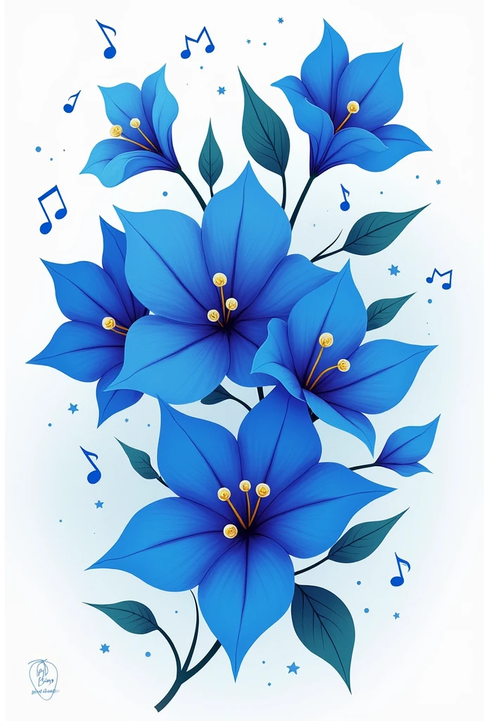 A stylized bougainvillea in different shades of blue, symbolizing your favorite flower and your favorite color. inside the flower, There is a musical note that represents your musical skills with the violin and bass.. Around the bougainvillea, small lines or rays