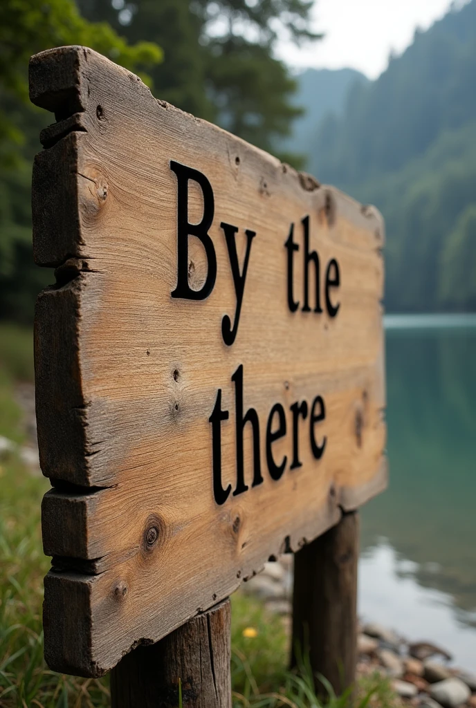 Realistic style wooden sign that says "By the"