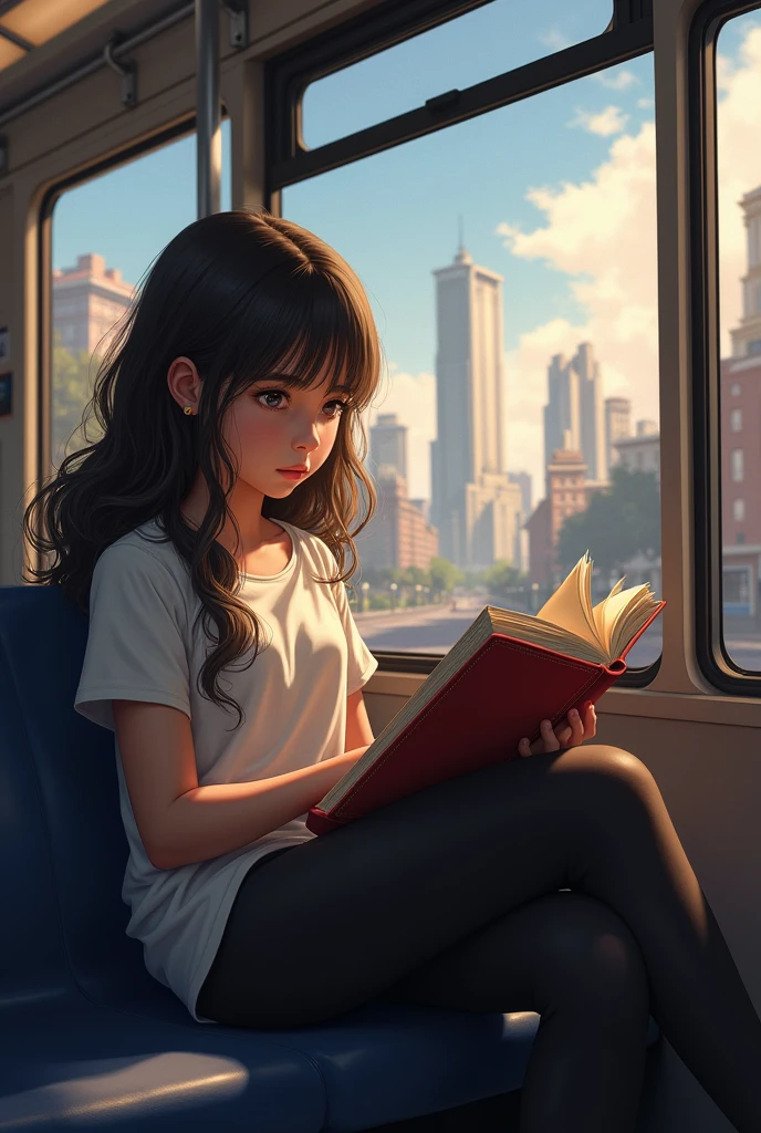 Highest quality,Highest Resolution,A student reading a book on the train,