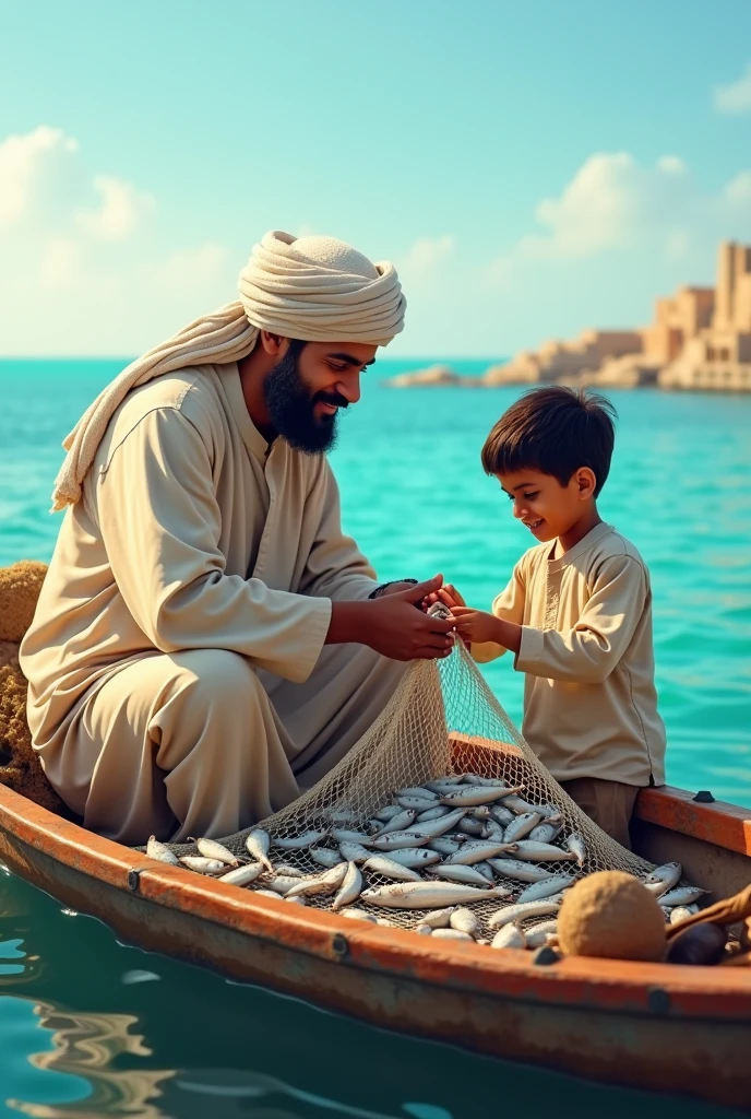 The boy helps his Muslim father remove small fish from the net on the boat.