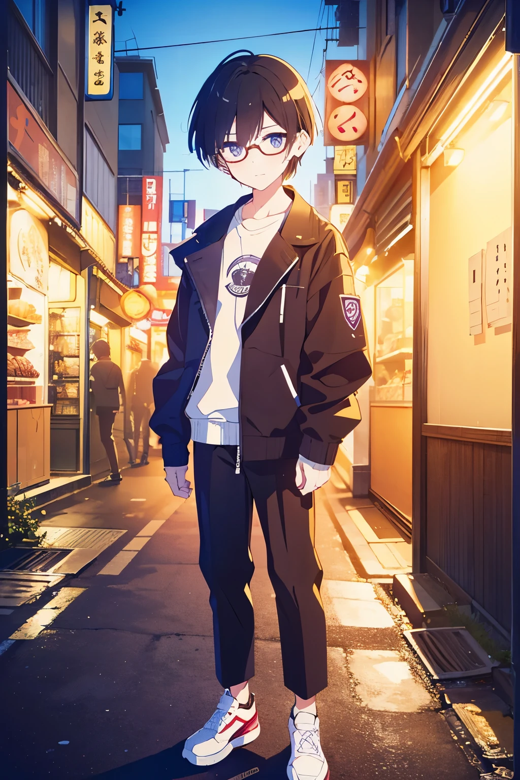 ((Best Quality)), ((masterpiece)), (detailed), 1 chico, black hair, big glasses, defined nose, blue eyes, beautiful eyes, black pants, black jacket, leather jacket, white tennis, tennis shoes, black t-shirt, delgado, black shoes, Tokyo streets at night, violet hair, White skin, shy, 10 years, Whole body, NSFW, blushing boy, blushing, short boy, head on, ((vista head on)) small boy. Very small boy, streets of tokyo at night. Short boy, standing, standing. discreet smile, streetlights on ,yellow lights, Japanese stores, boy. Tokyo night.