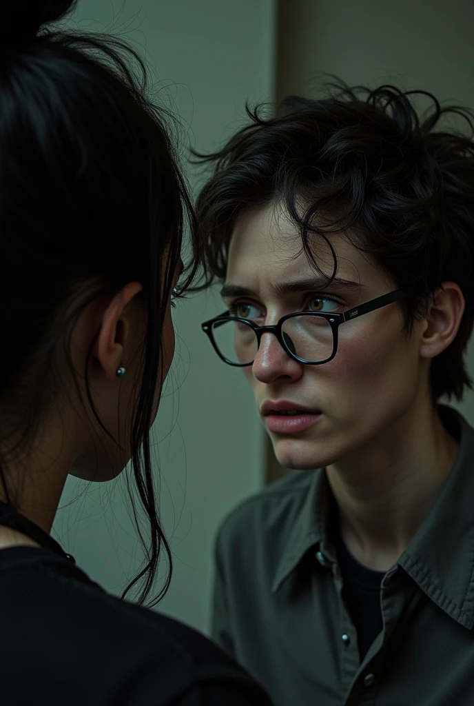 A close-up of Rolanda Hester, with long, messy black hair in a bun, taking off her glasses and revealing an intense, unsettling expression, contrasting with Blake's discomfort. Blake is young. His fixed gaze and set lips can highlight his frustration and the implicit threat in his words..
