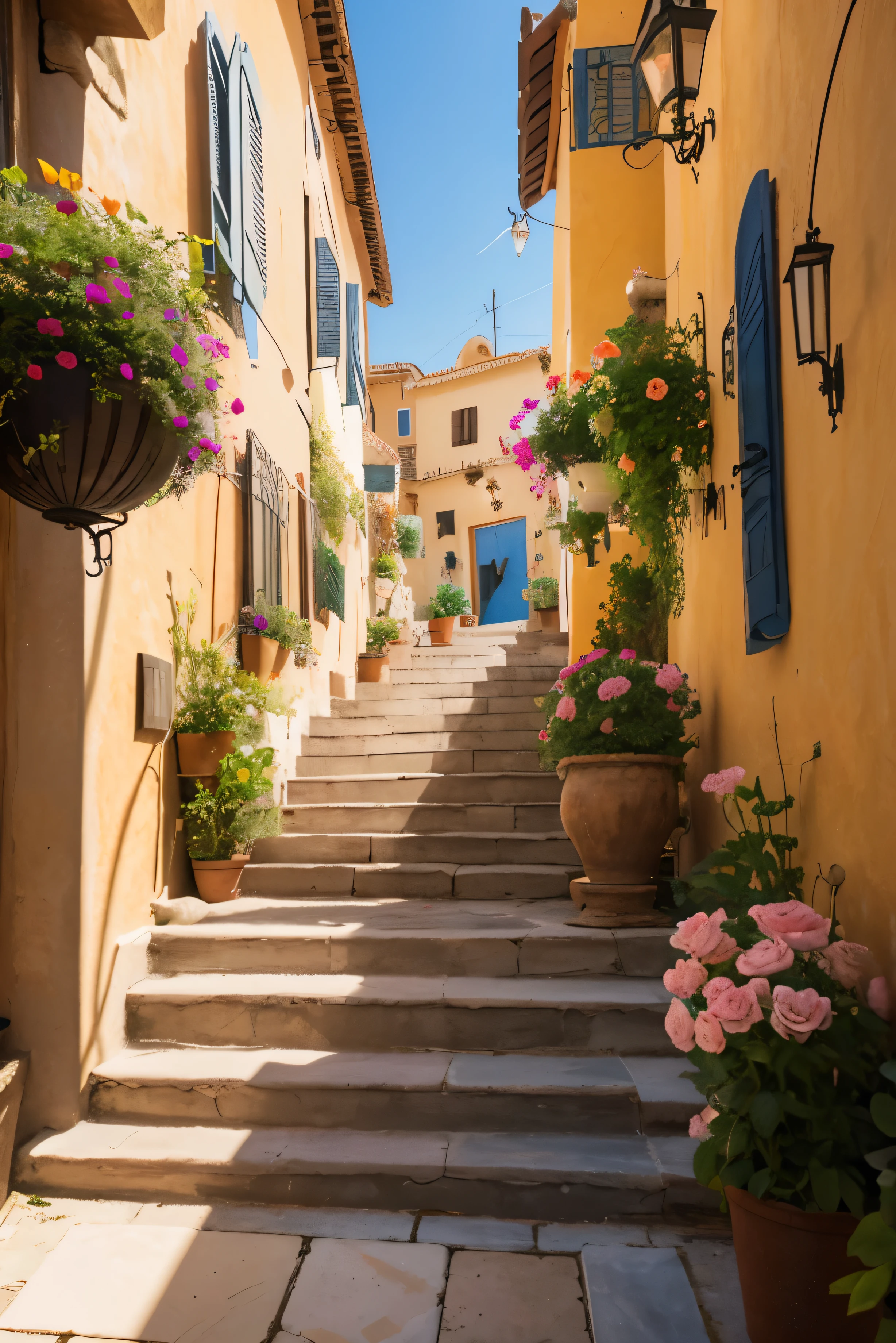 painting of a beautiful door decorate with many roses,iron glass door, wall lamp,small stairs to the door, hanging door lamps, sunkissed image,flowers, beautiful art uhd 4 k, a beautiful artwork illustration, beautiful digital painting, highly detailed digital painting, beautiful digital artwork, a bustling magical town, mediterranean fisher village, mediterranean city, detailed painting 4 k, ancient mediterranean village, very detailed digital painting, rich picturesque colors, gorgeous digital painting