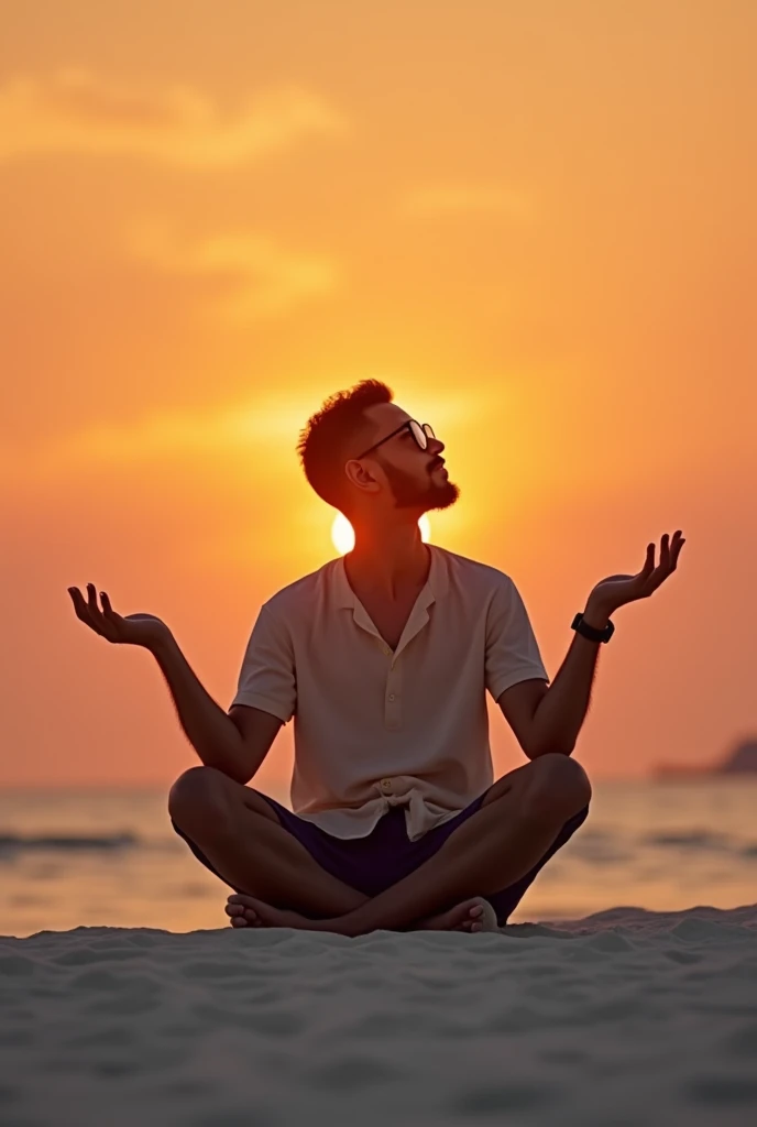 Image setting landscape wide view, featuring high resolution full hd, created a hensom man with a slightly medium body, glasses, Malay face, 28 years, very little short, thin, and neat beard and mustache, sitting on the sand while raising his palms to the sides as if he wanted to touch and swallow the orange sunrise with a perfect round shape, sun on palm, background on the beach with white sand, afternoon the image is very detailed, super HD
