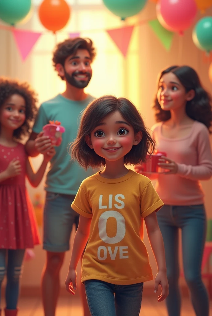 There is a girl's birthday party where she or her father is present. The girl is 9  or her father is 30 years old. They are wearing a T-shirt with their names written on it. The girl's name is (Aditi) or father's name is (Vinod.)
