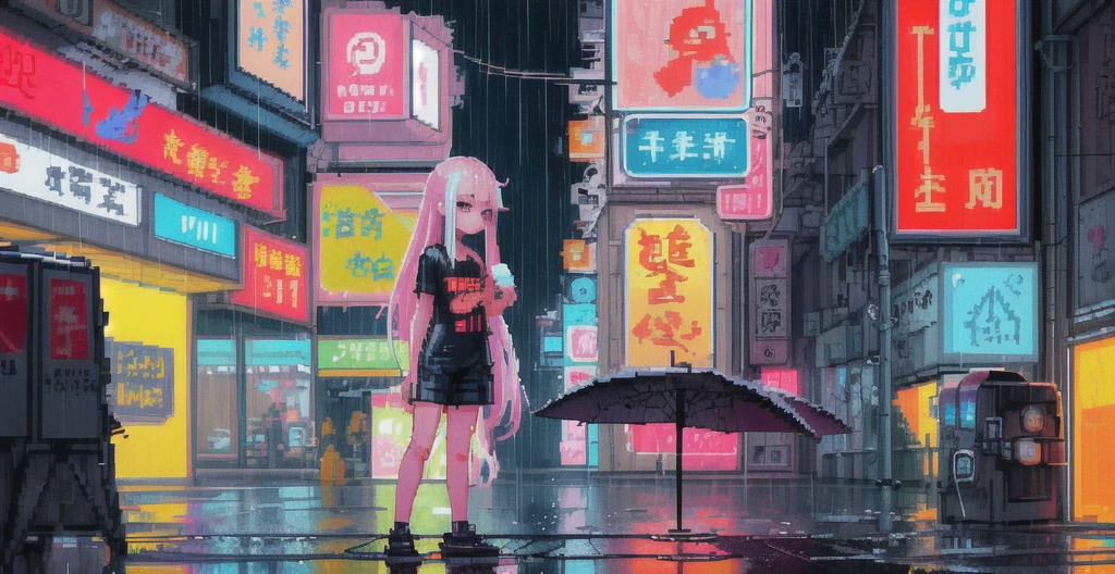 (pixel art_1.1)1girl,very long hair,Night,Street,Kitten,Small puddle,Rain,Neon Light,Hong Kong,Cyberpunk,Eating Popsicles,Insert pocket,Strap,short sleeve,White