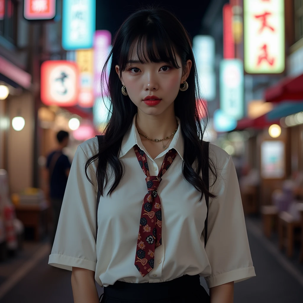(in 8K、A high resolution、Best Quality、 masuter piece、unreal engine、top-quality、full body:1.2),(Natural Skin Texture、Detailed skin、Beautiful skin、ultra sharpness),intricate detailes、Extraordinary beauty,(((high breasts,slim body、1 Japanese woman,20 to 25 years old,adult lady,Height 5'9"))),(((an extremely cute and beautiful face,pale skin,empty eyes,eye bags,eyelash extension,blunt bangs,black hair,long hair,two-tone color hair with black and violet))),(solo:1.6),(white shirt,pleated skirt to the thighs,bolo tie,bracelet,ear piercings:1.4),(school bag:1.2),(dip-dye hair,outdoors,Tokyo,Kabukicho,night:1.5),((red eyeshadow, dark red lipsticks, strong eyelines)),safetensors,KPG,black shoes