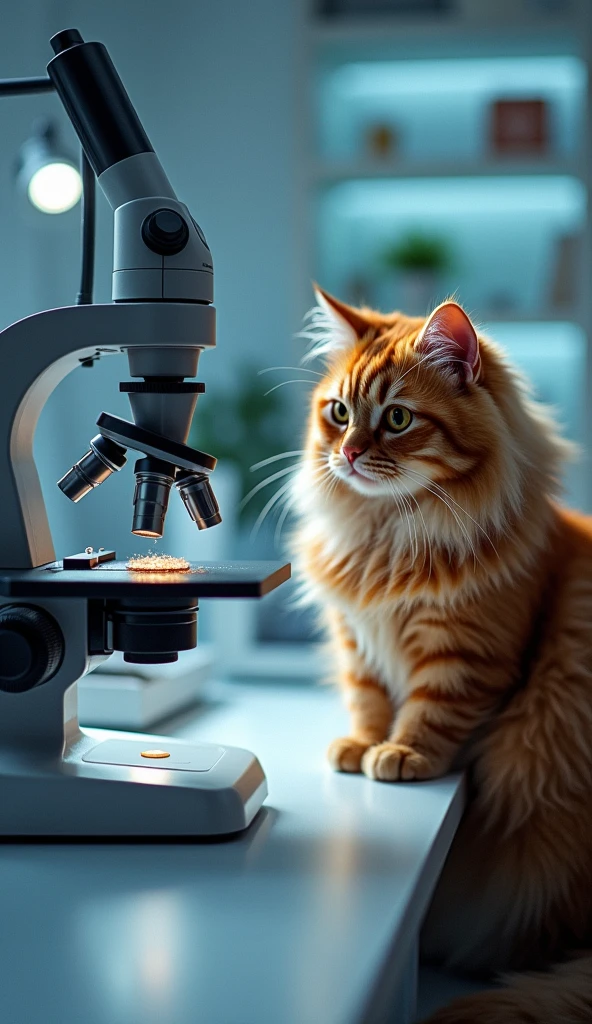 A captivating cinematic illustration of a long-haired orange Persian cat engrossed in examining a slide under a state-of-the-art microscope. The cat's inquisitive expression and elegant fur contrast with the modern laboratory surroundings, featuring sleek equipment and clean white workstations. Soft ambient lighting envelops the scene, creating an atmosphere of peaceful intellectual exploration and a sense of wonder.