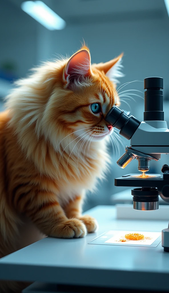 A captivating cinematic illustration of a long-haired orange Persian cat engrossed in examining a slide under a state-of-the-art microscope. The cat's inquisitive expression and elegant fur contrast with the modern laboratory surroundings, featuring sleek equipment and clean white workstations. Soft ambient lighting envelops the scene, creating an atmosphere of peaceful intellectual exploration and a sense of wonder.