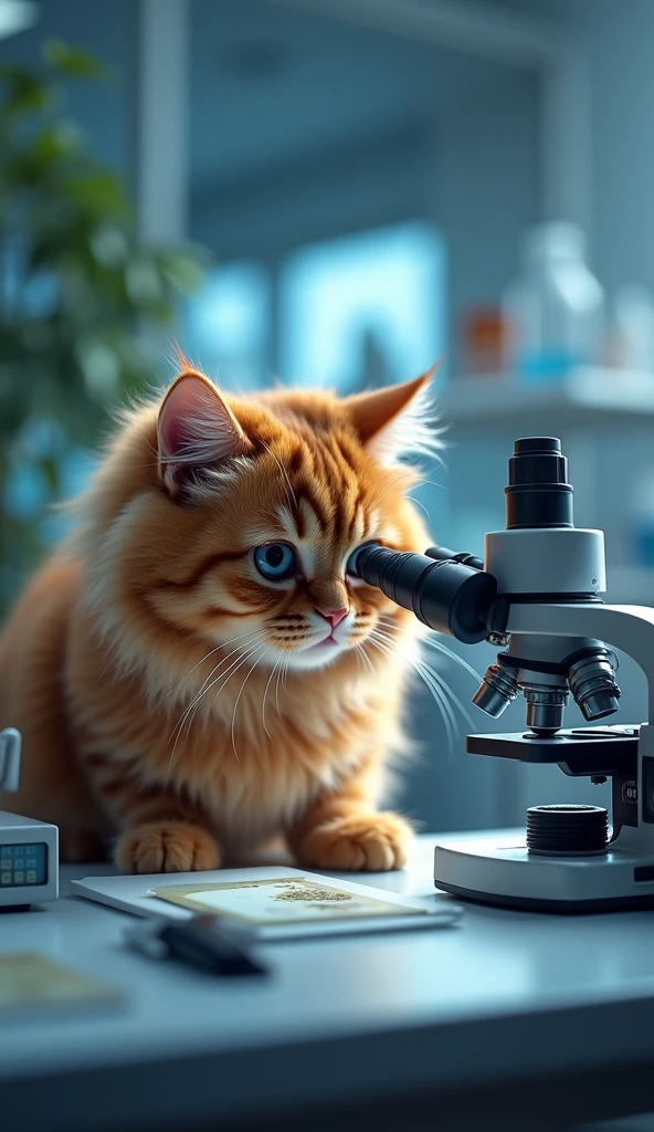 A captivating cinematic illustration of a long-haired orange Persian cat engrossed in examining a slide under a state-of-the-art microscope. The cat's inquisitive expression and elegant fur contrast with the modern laboratory surroundings, featuring sleek equipment and clean white workstations. Soft ambient lighting envelops the scene, creating an atmosphere of peaceful intellectual exploration and a sense of wonder.