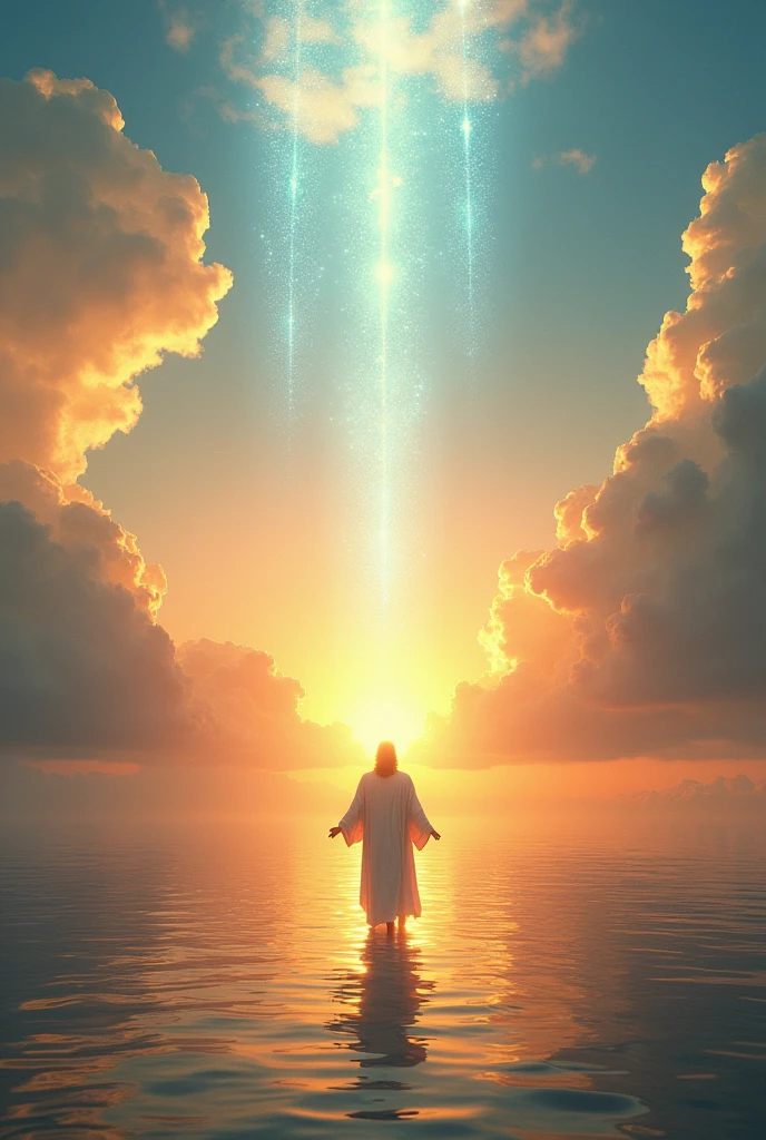 Jesus walking on the water at sunset ( visible sun) 8,000 humanoid angels playing trumpets descending from the clouds (angels radiating blue light)