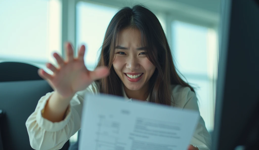 portrait of Korean beautiful woman, in office, jumped up in panic and reached out to grab the documents, daylight, cool light, professional image, professional picture, high quality portrait, photo portrait, an epic non - binary model, professional portrait, photo still, color portrait, creative coder with a computer, cinematic lens , photography , her face is grimace, looking at documents, 