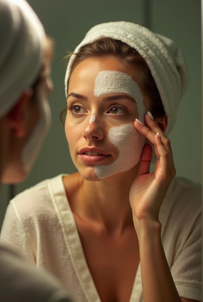 color photo of woman applying targeted skin treatment,
focused on skincare routine, specific products for skin concerns,
context of nighttime skincare regimen, bathroom setting,
feeling of self-improvement, dedication, rejuvenation,
camera settings: Sony Alpha 7S III, Kodak Tri-X 400 film, 35mm lens, overhead shot photography techniques,
directors: Quentin Tarantino, Christopher Nolan, cinematographers: Roger Deakins, Emmanuel Lubezki, photographers: Annie Leibovitz, Helmut Newton, fashion designers: Chanel, Gucci, Givenchy