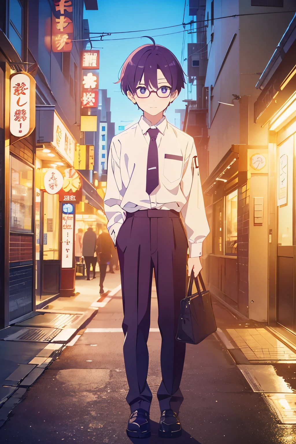 ((Best Quality)), ((masterpiece)), (detailed), 1 chico, dark purple hair, big glasses, defined nose, sky blue eyes, beautiful eyes, black pants, white long sleeve shirt, shoes, delgado, black shoes, Tokyo streets at night, violet hair, White skin, shy, 10 years, Whole body, NSFW, blushing boy, blushing, short boy, head on, ((vista head on)) small boy. Very small boy, streets of tokyo at night. Short boy, standing, standing. shy smile, streetlights on ,yellow lights, Japanese stores. office boy, formal boy.