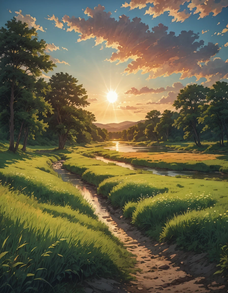 High resolution,High Definition,high quality,landscape,,blue sky,along the river,hiking trail background painting, summer field, grass and trees, Channels, summer sky and incoming clouds, clear contrast between sun and shadow, 8khdr serene sunset